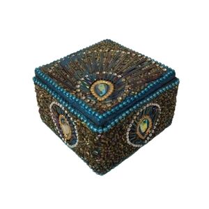 VINTAGE Peacock Feather Glitter Bead Embellished Trinket Keepsake Box